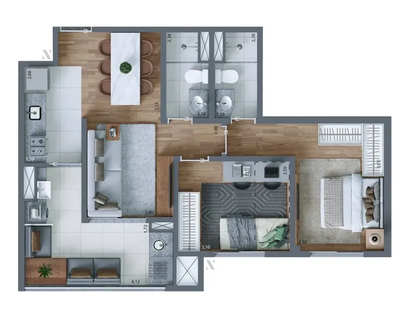 Planta-tipo 59 m² | 2 dorms.  (1 suíte)