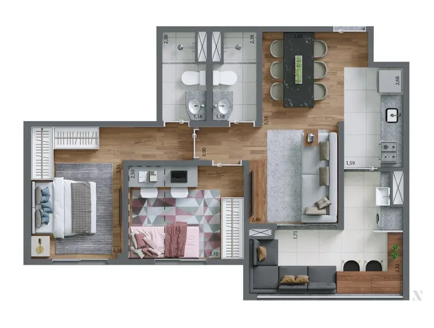 Planta-tipo 59 m²| 2 dorms. (1 suíte)