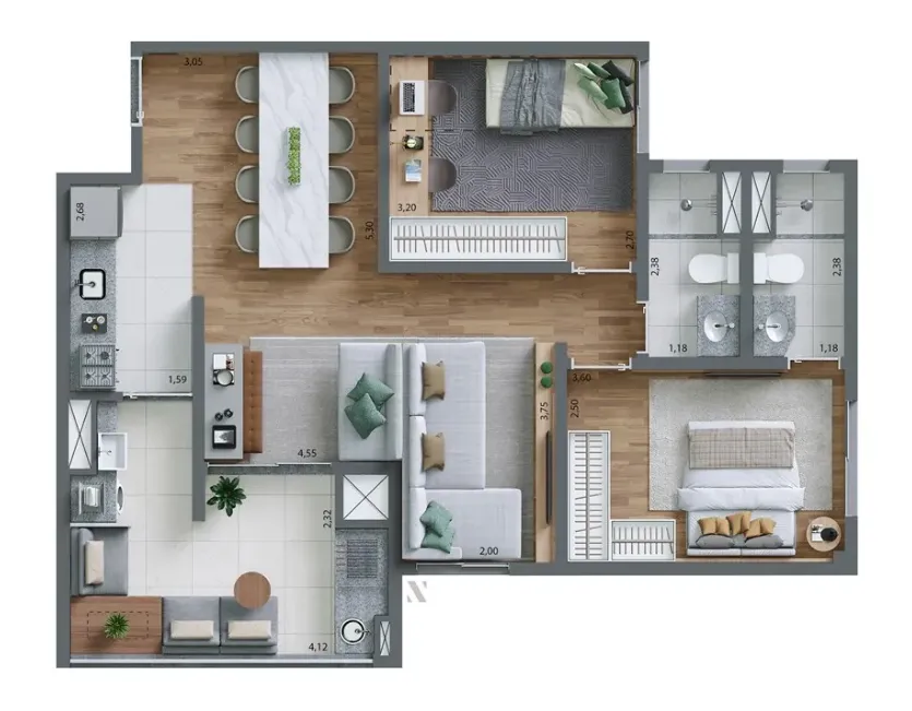 Planta Opção 69 m² | 2 dorms. (1 suíte)