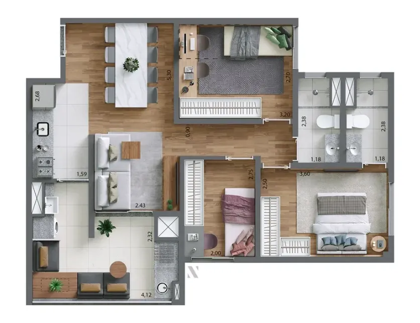 Planta-tipo  69 m² | 3 dorms. (1 suíte)