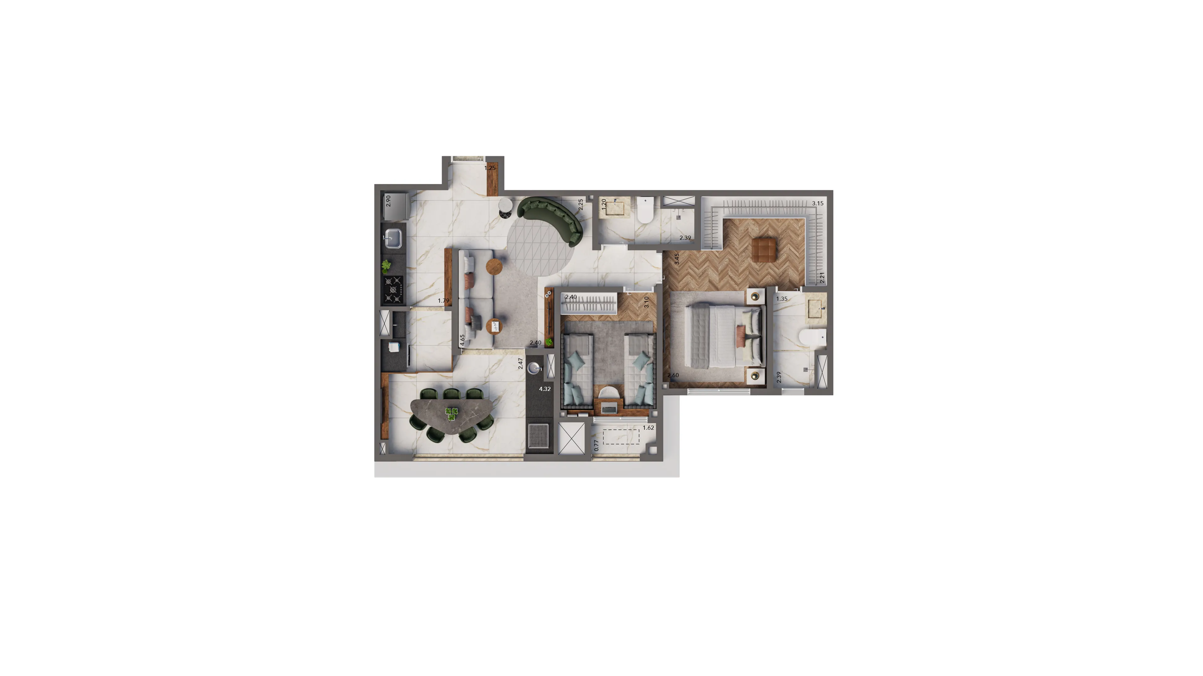 Planta-tipo 69 m² | 2 dorms. (1 suíte)