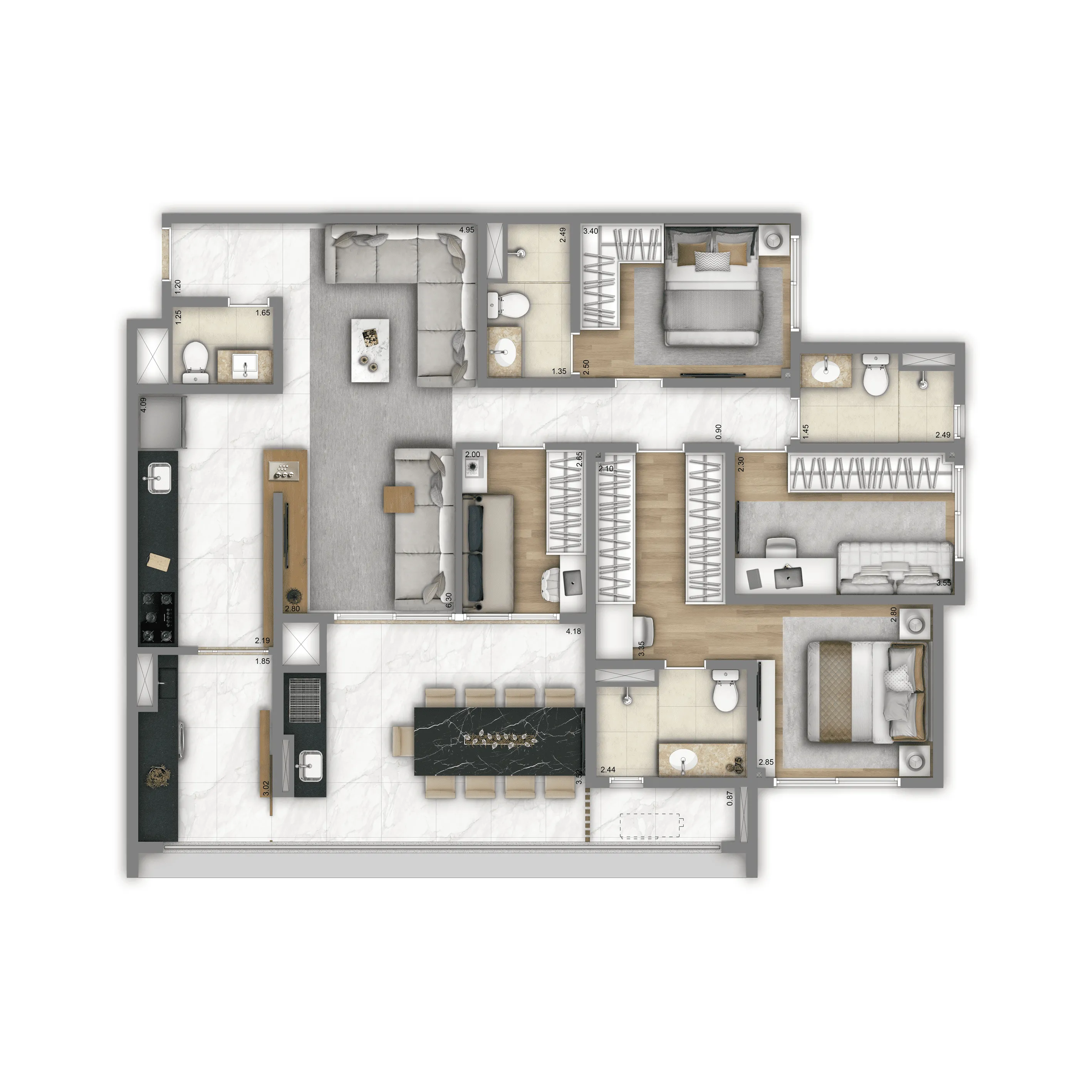 Planta Opção 125m² | 4 dorms. (2 suítes)