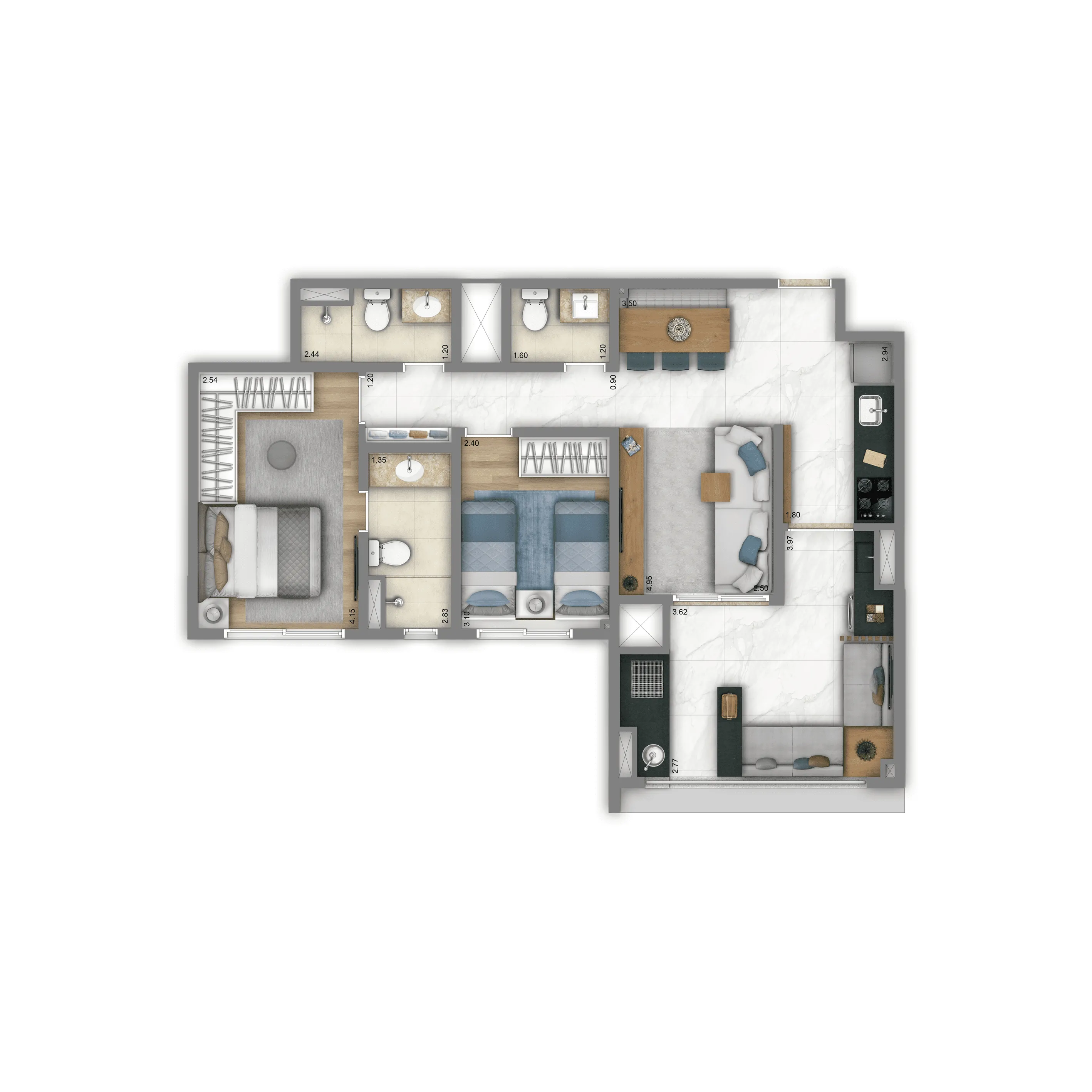 Planta Opção 72m² | 2 dorms. (1 suíte)