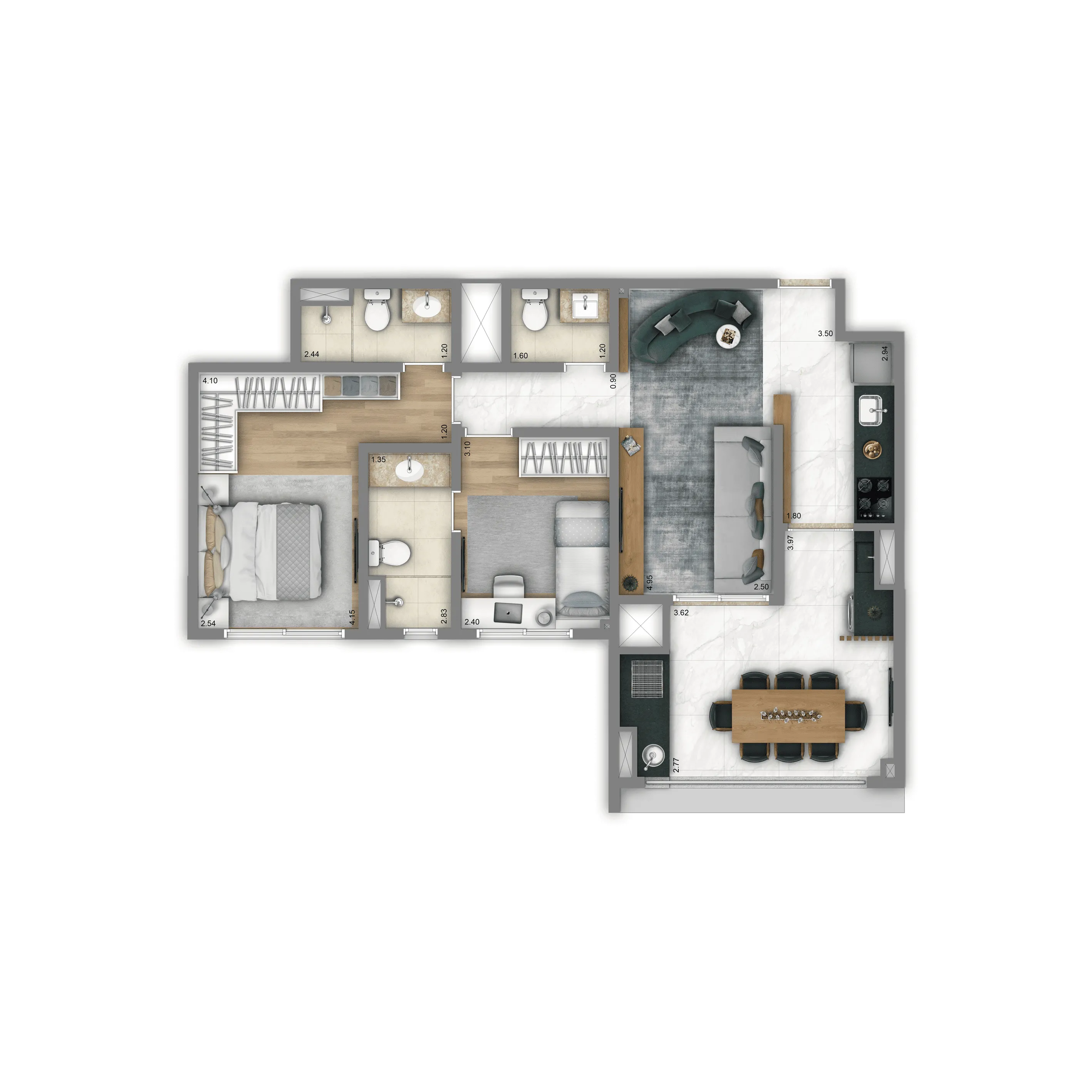 Planta-tipo 72m² | 2 dorms. (2 suítes)