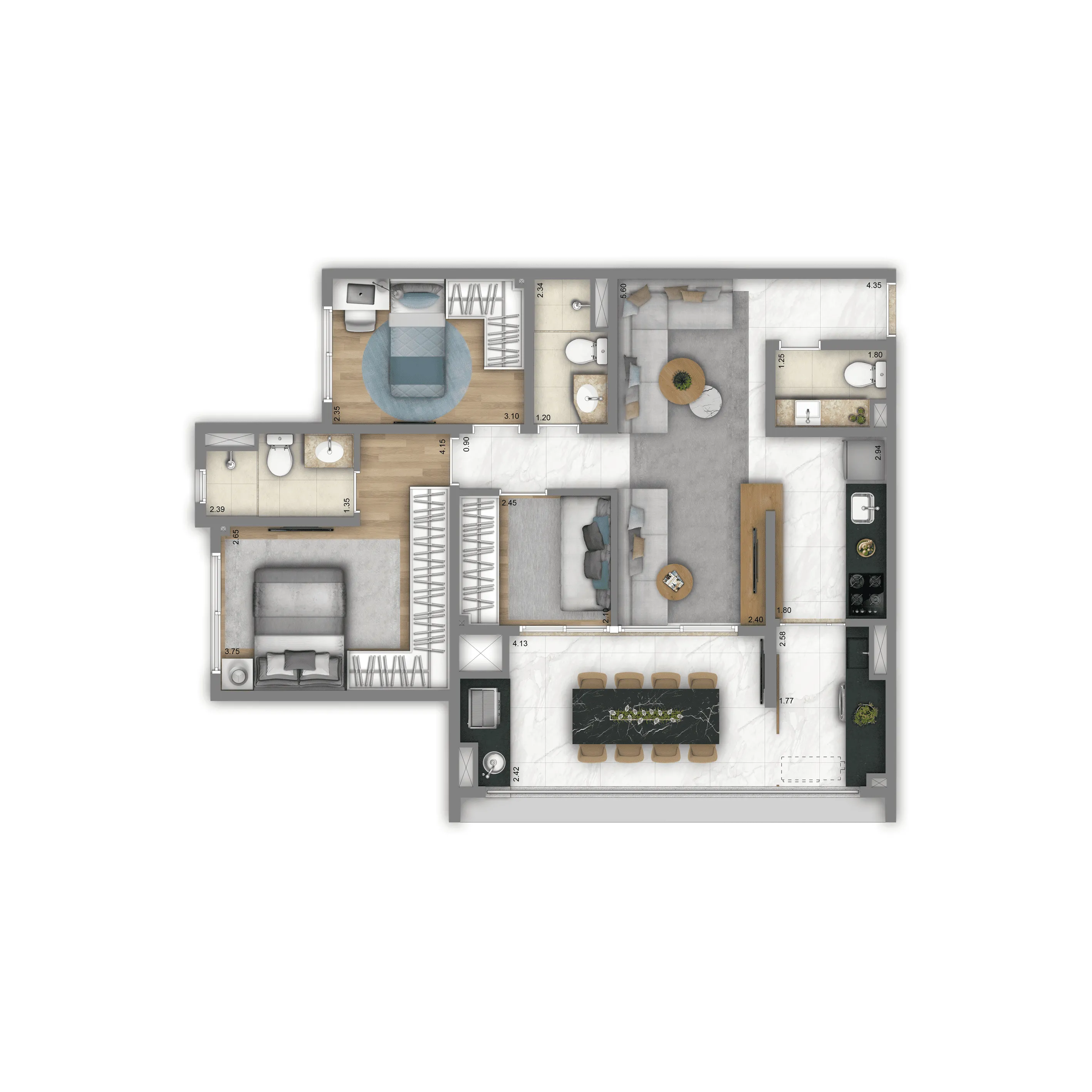 Planta-tipo 82m² | 3 dorms. (1 suíte)