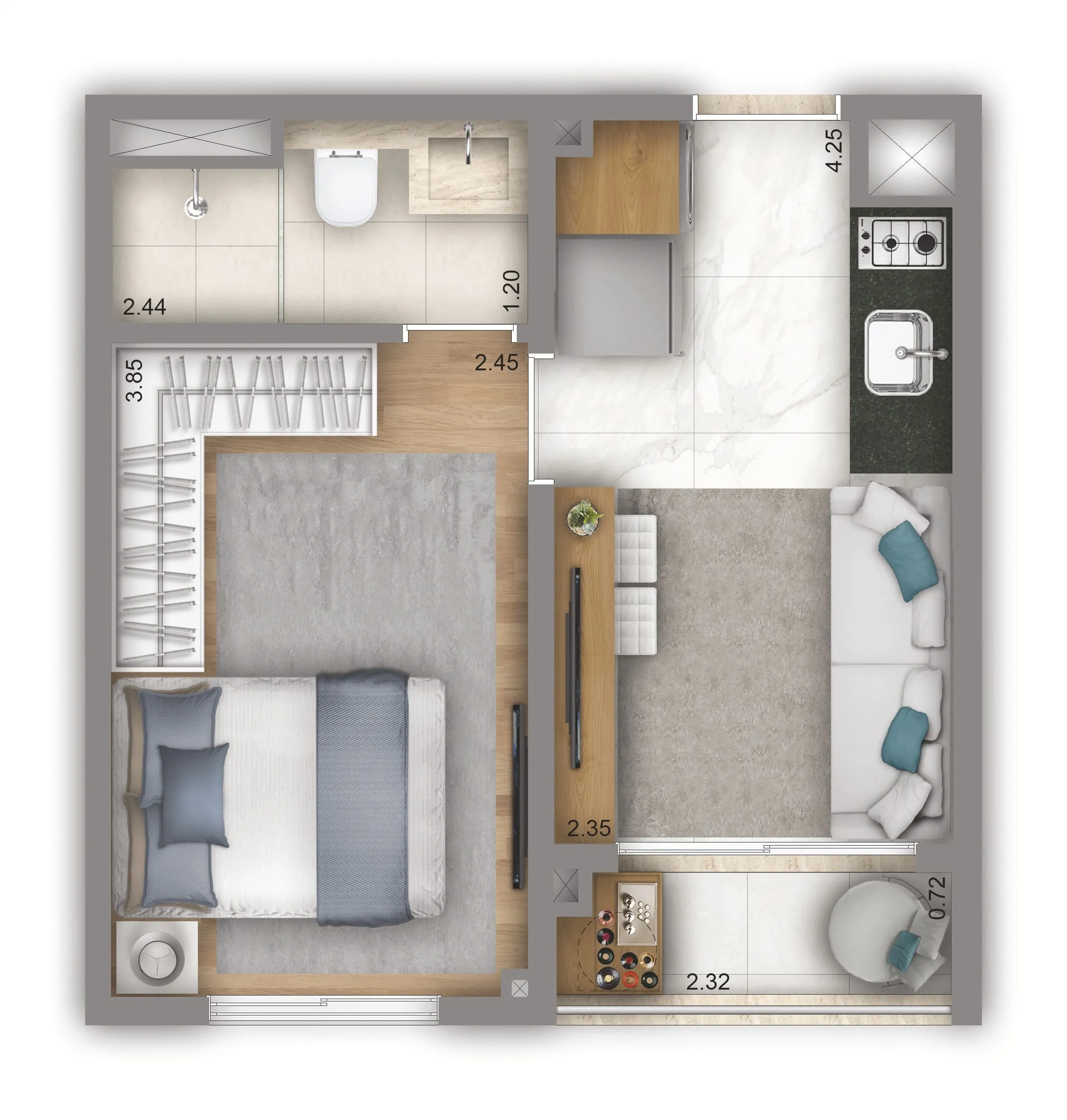 Planta-tipo 27 m² | 1 dorm | Hospedagem