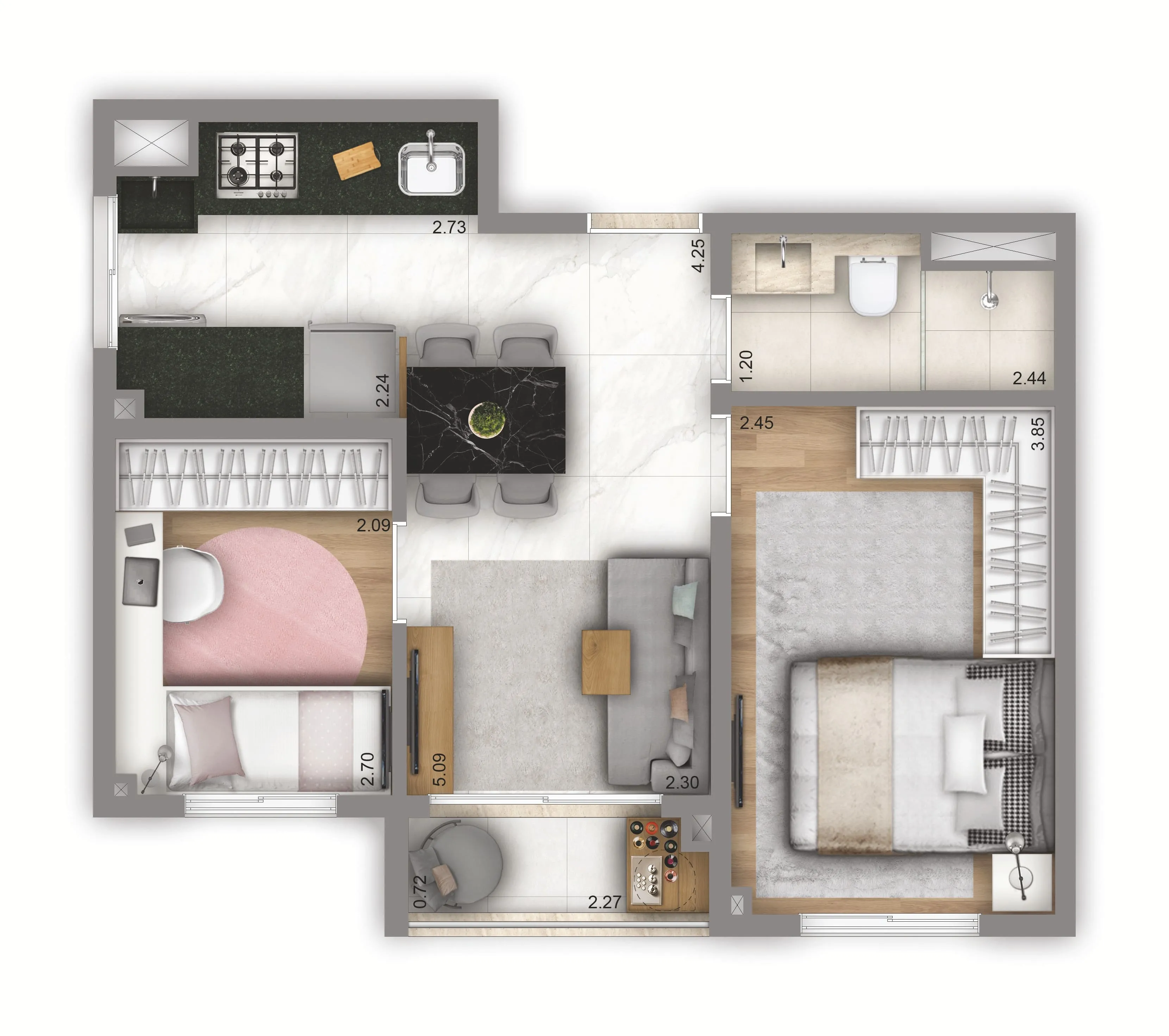 Planta-tipo 40 m² | 2 dorms. | Residencial