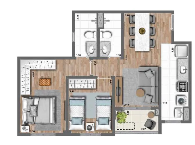 Planta-tipo 54 m² | 2 Dorms. (1 suíte)