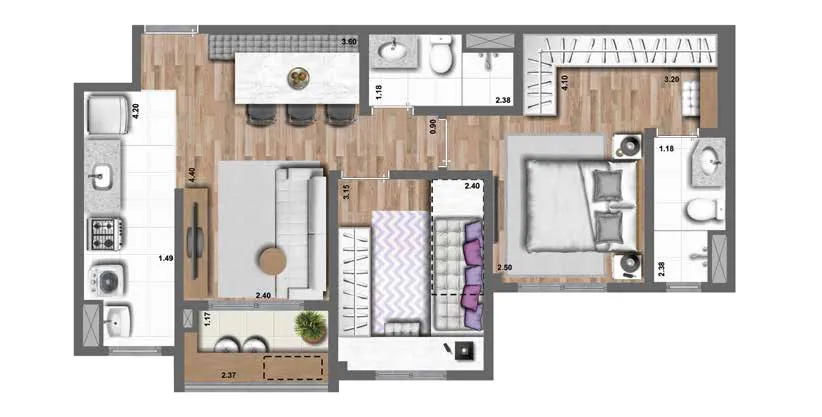 Planta-tipo 56 m² | 2 Dorms. (1 suíte)