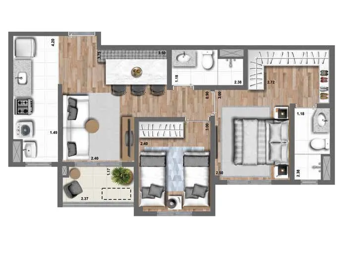 Planta-tipo 55 m² | 2 Dorms. (1 suíte)