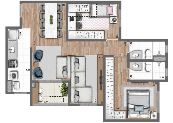 Planta opção 67 m² | 2 Dorms. (1 suíte)