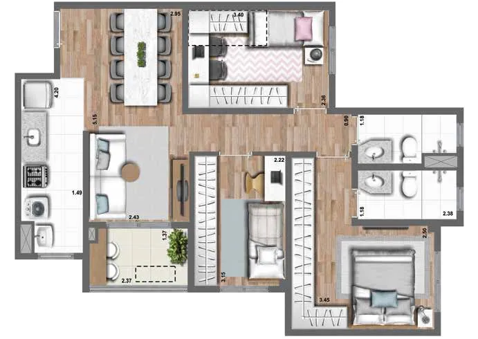 Planta-tipo 67 m² | 3 Dorms. (1 suíte)