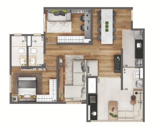 Planta opção 80 m² | 2 Dorms. (1 Suíte)