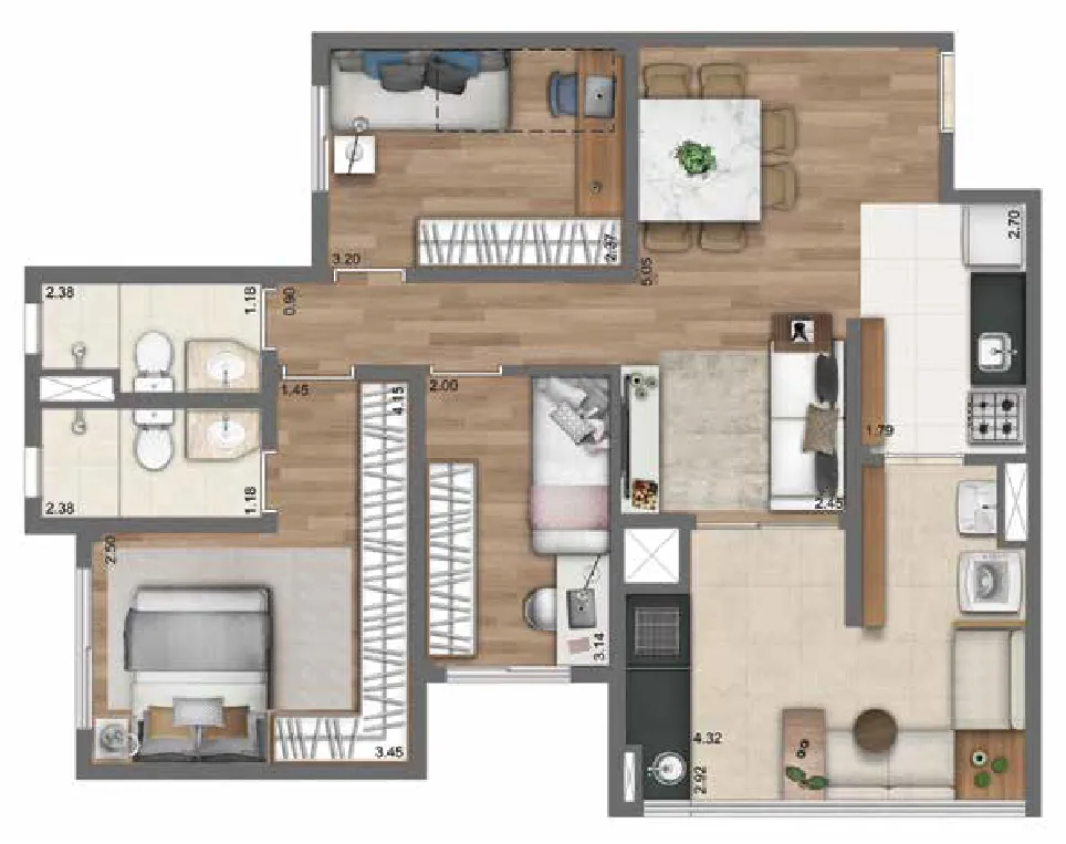 Planta-tipo 76 m² | 3 Dorms. (1 suíte)