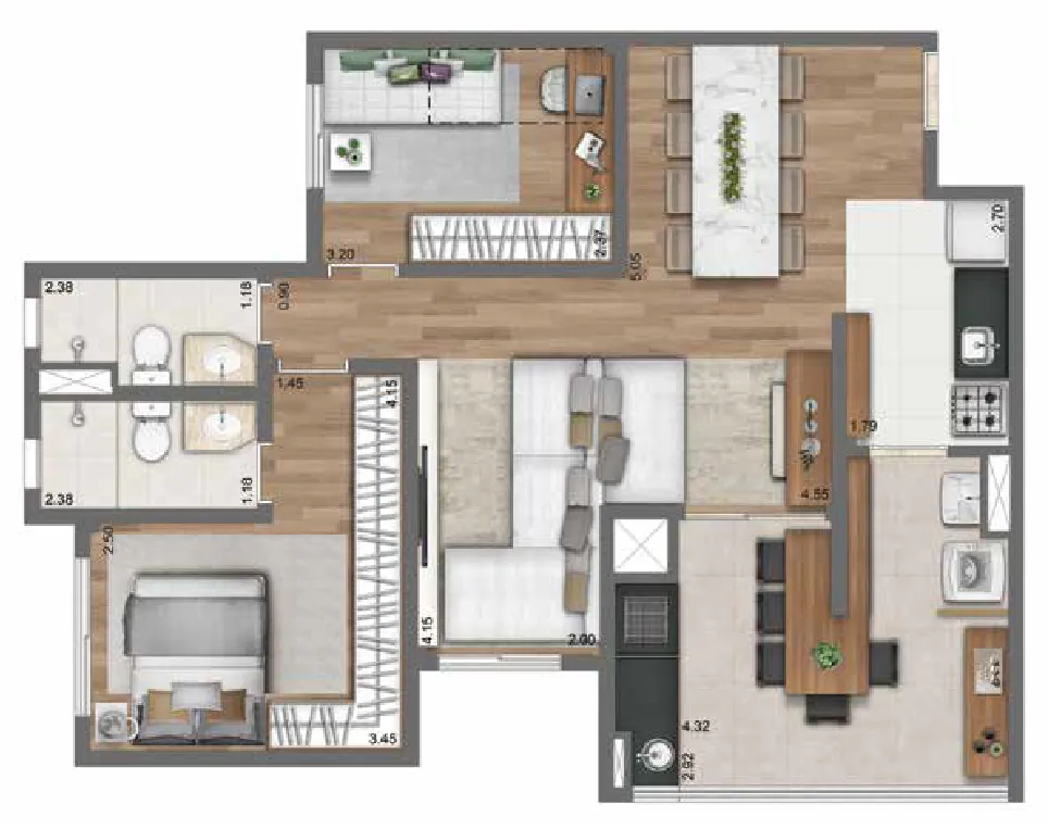 Planta opção 76 m² | 2 Dorms. (1 suíte)