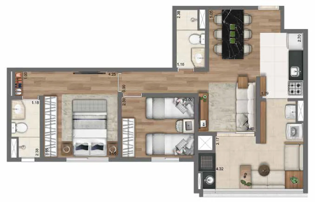 Planta 65 m² | 2 Dorms. (1 suíte)