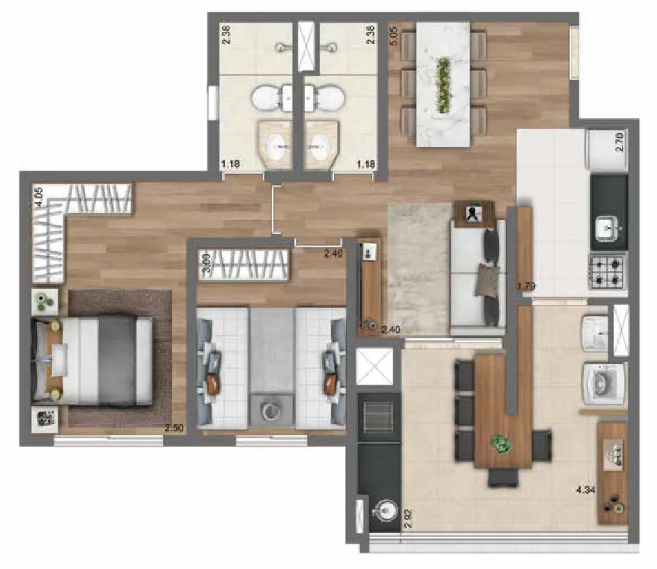 Planta 64 m² | 2 Dorms. (1 suíte)