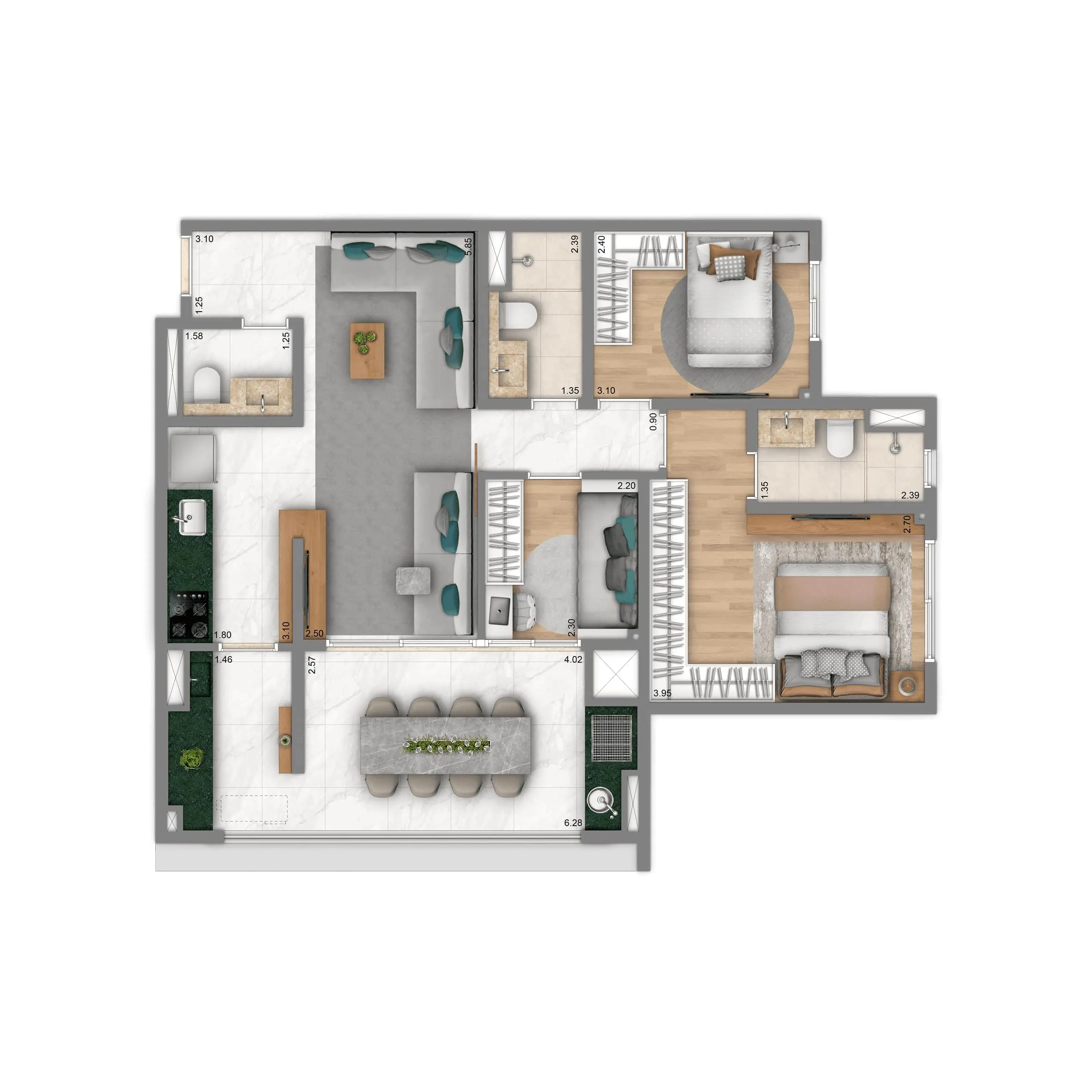 Planta-tipo 84 m² | 3 Dorms. (1 suíte)