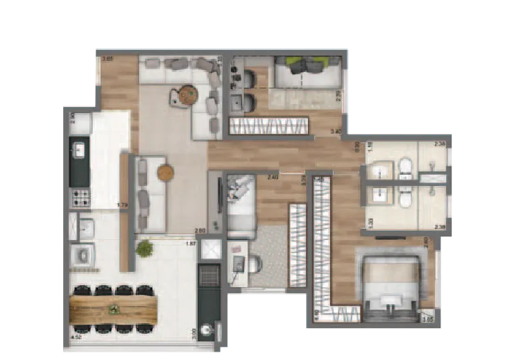 Planta-tipo 84m² | 3 Dorms. (1 suíte)