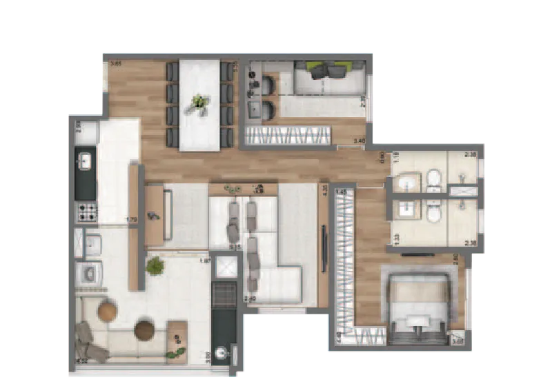 Planta opção 84m² | 2 Dorms. (1 suíte)