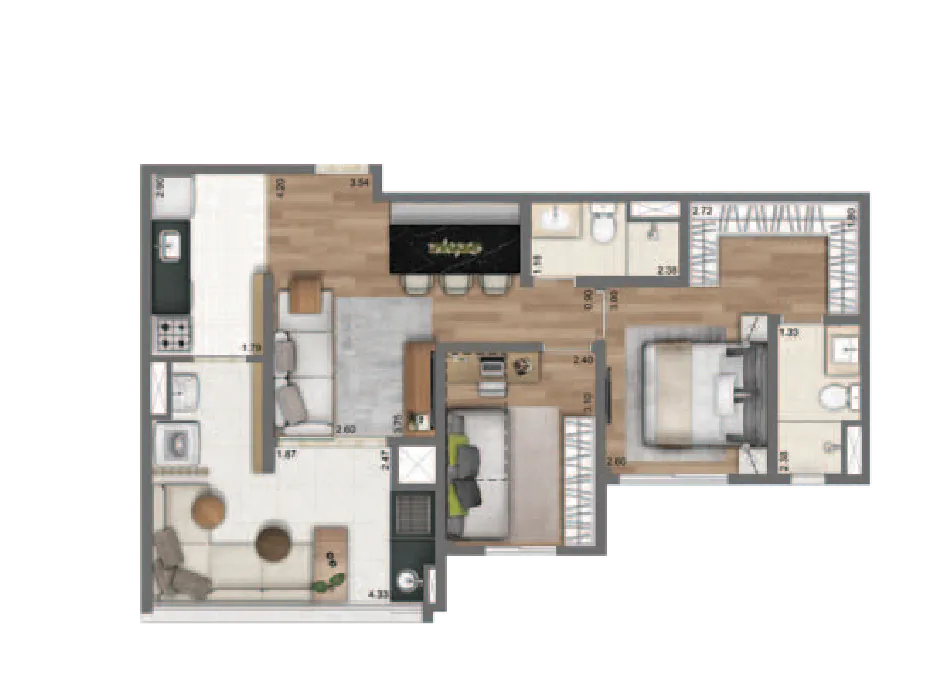 Planta 67m² | 2 Dorms. (1 suíte)