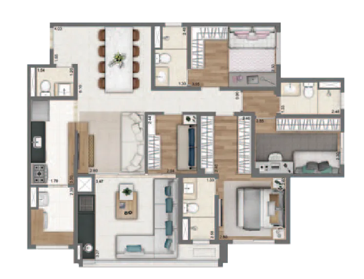 Planta-tipo 110m² | 4 Dorms. (2 suítes)