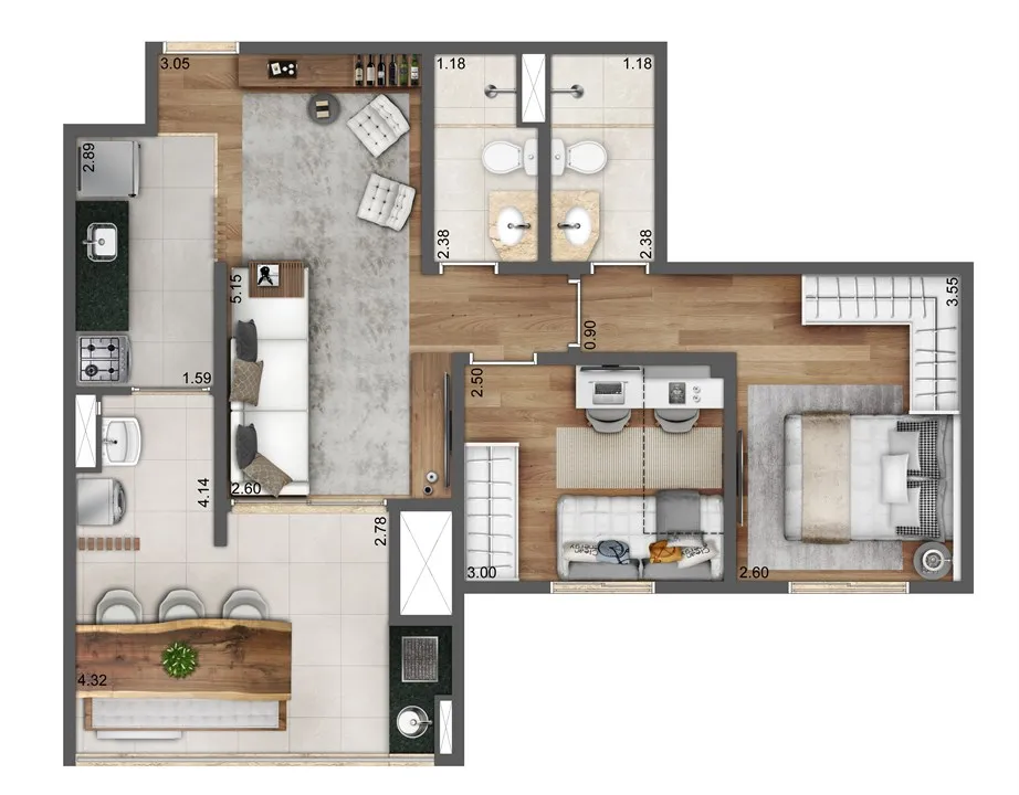 Planta-tipo 64 m² | 2 Dorms. (1 Suíte) 