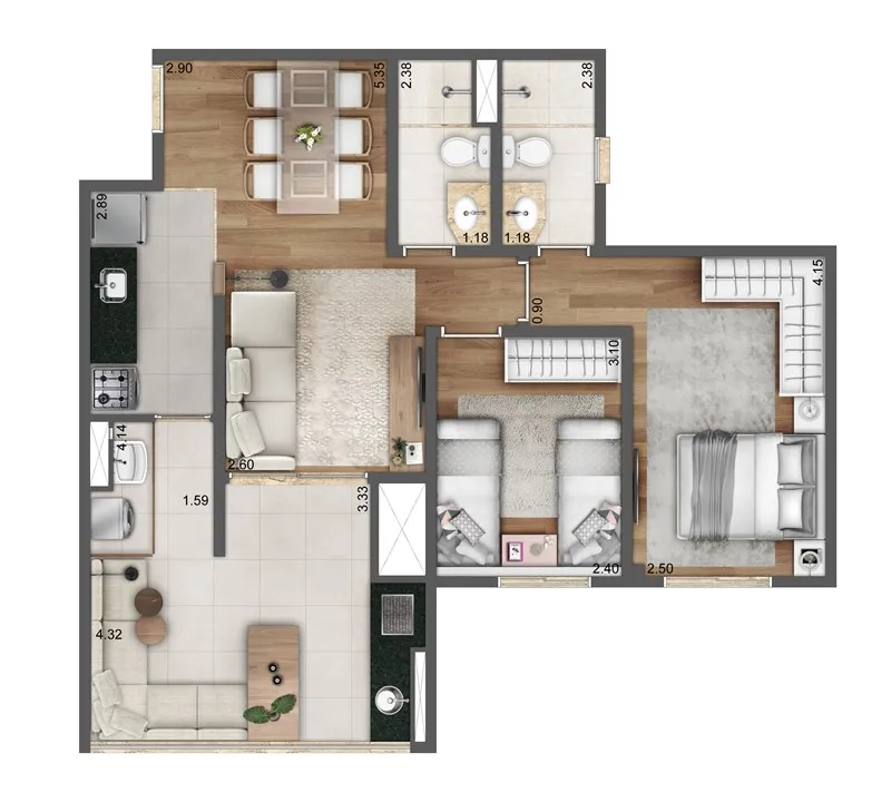 Planta-tipo 67 m² | 2 Dorms. (1 Suíte)