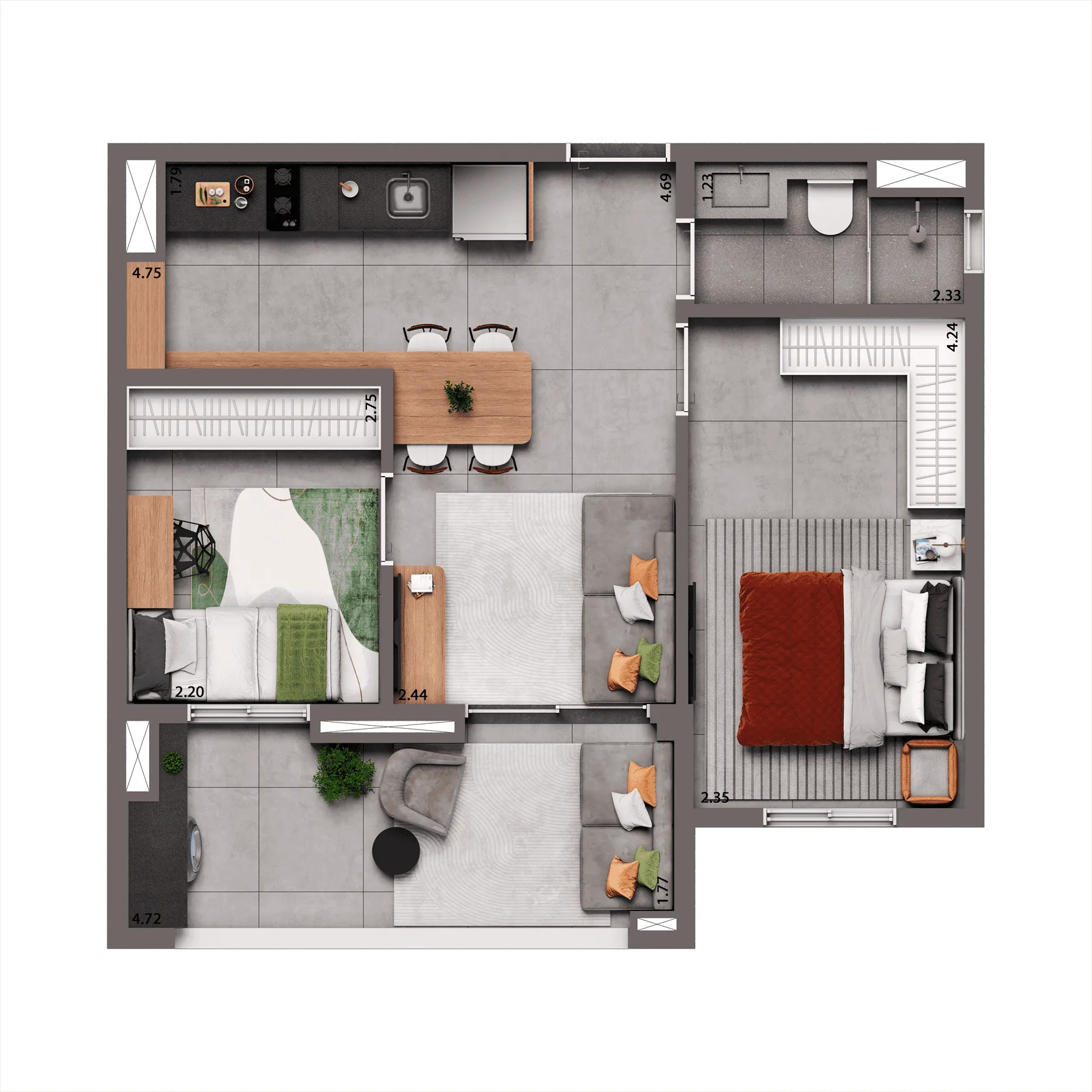 Planta - Tipo de 49M² | 2 dorms.