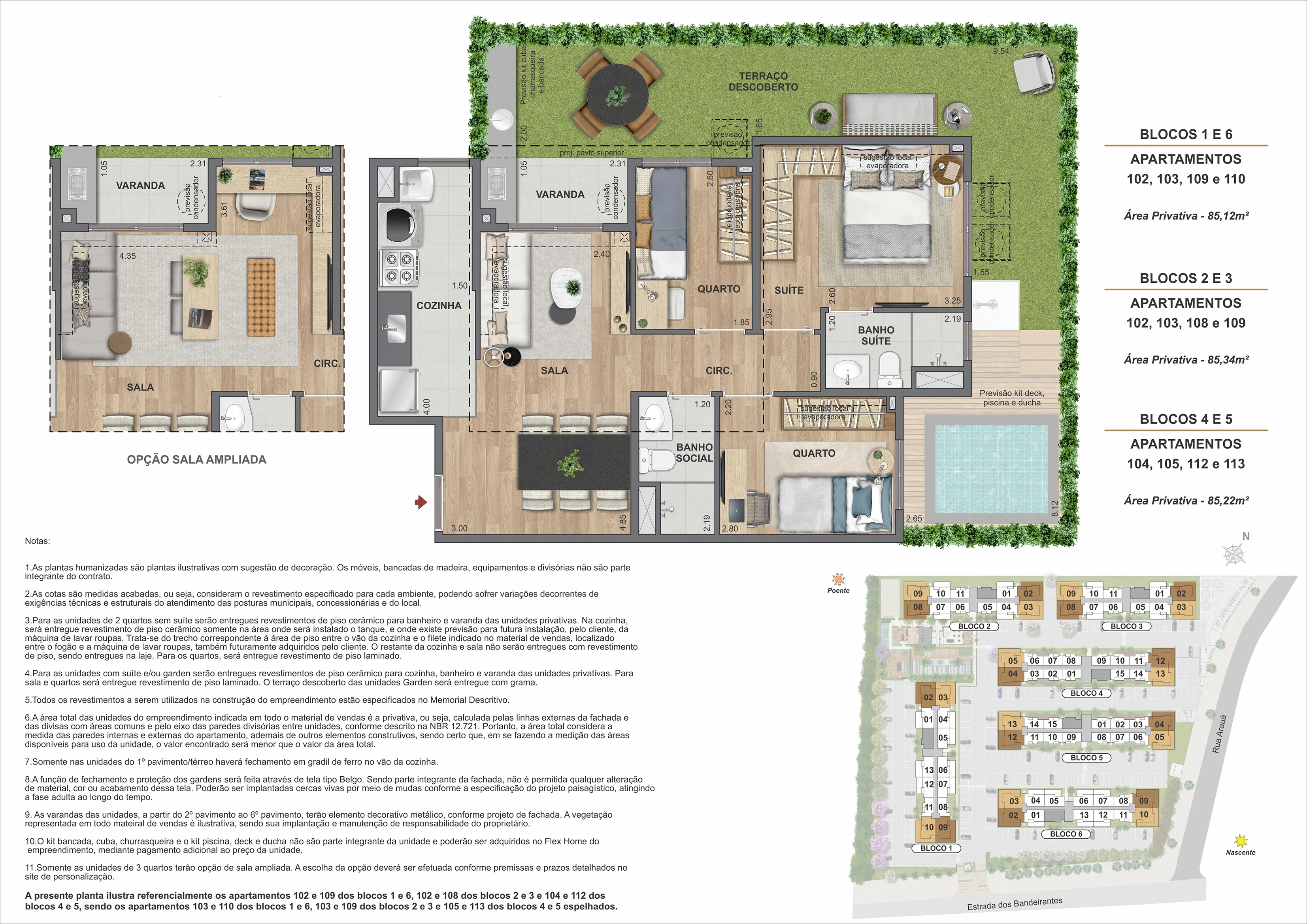 3 quartos garden com suíte - Opção sala ampliada - Área Privativa: 85 m²